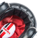 Close up of front edge of black leather liner for speedster v4.